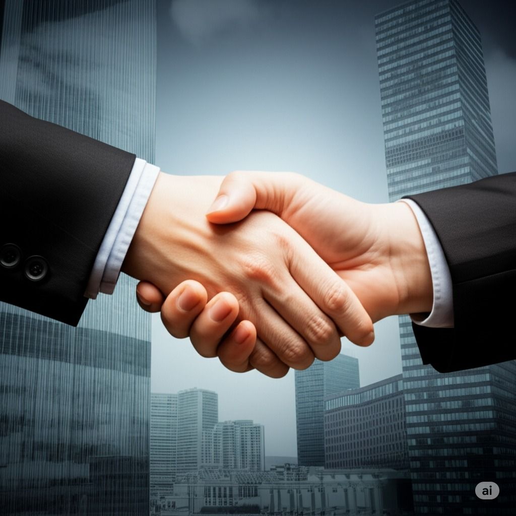 two people shaking hands in front of a city skyline