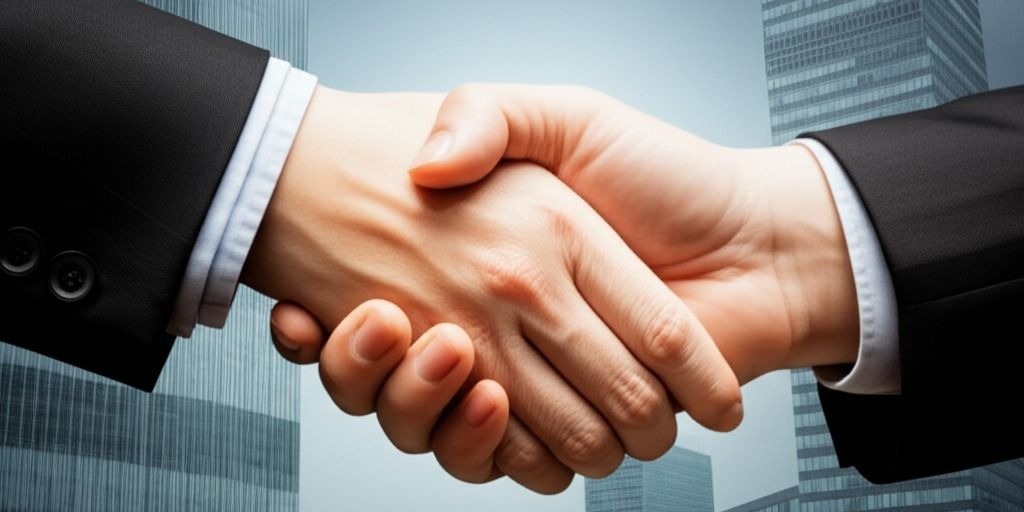 two people shaking hands in front of a city skyline
