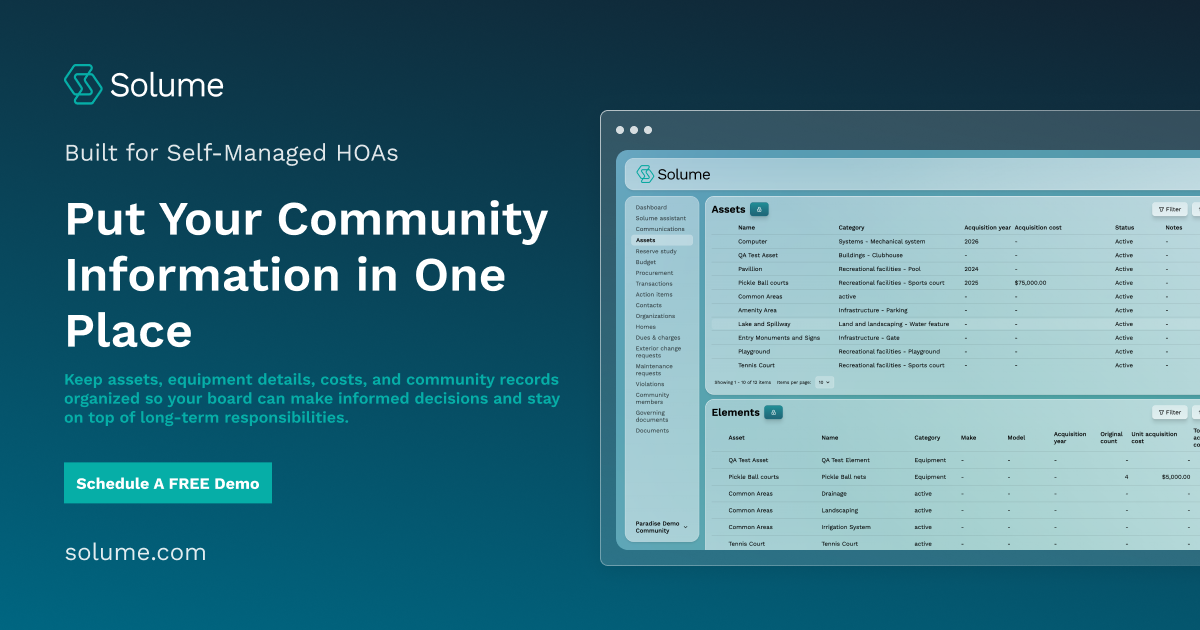 Solume HOA asset management interface displaying community assets, categories, acquisition details, costs, status, and related elements in an organized dashboard.
