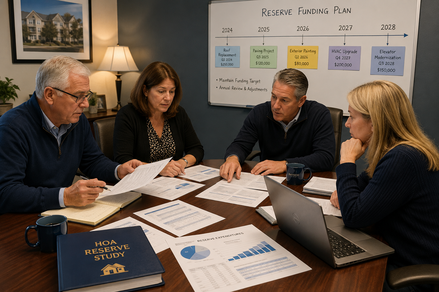 A group of HOA board members reviews printed financial reports and a laptop during a budget planning meeting, with a funding timeline displayed on a whiteboard in the background.