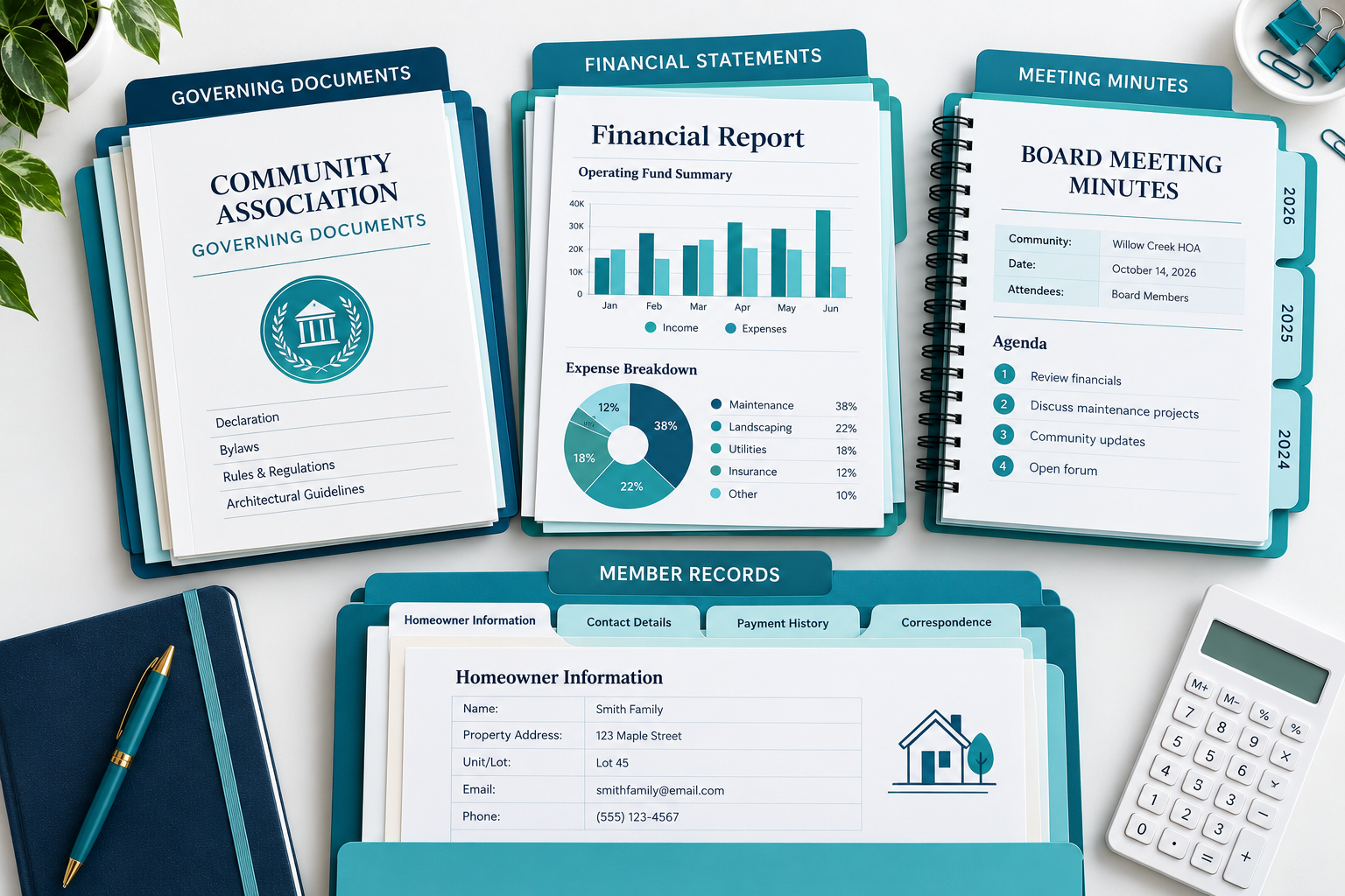 Overhead flat-lay of HOA governing documents, financial statements, board meeting minutes, and member records organized in teal, navy, and white folders.
