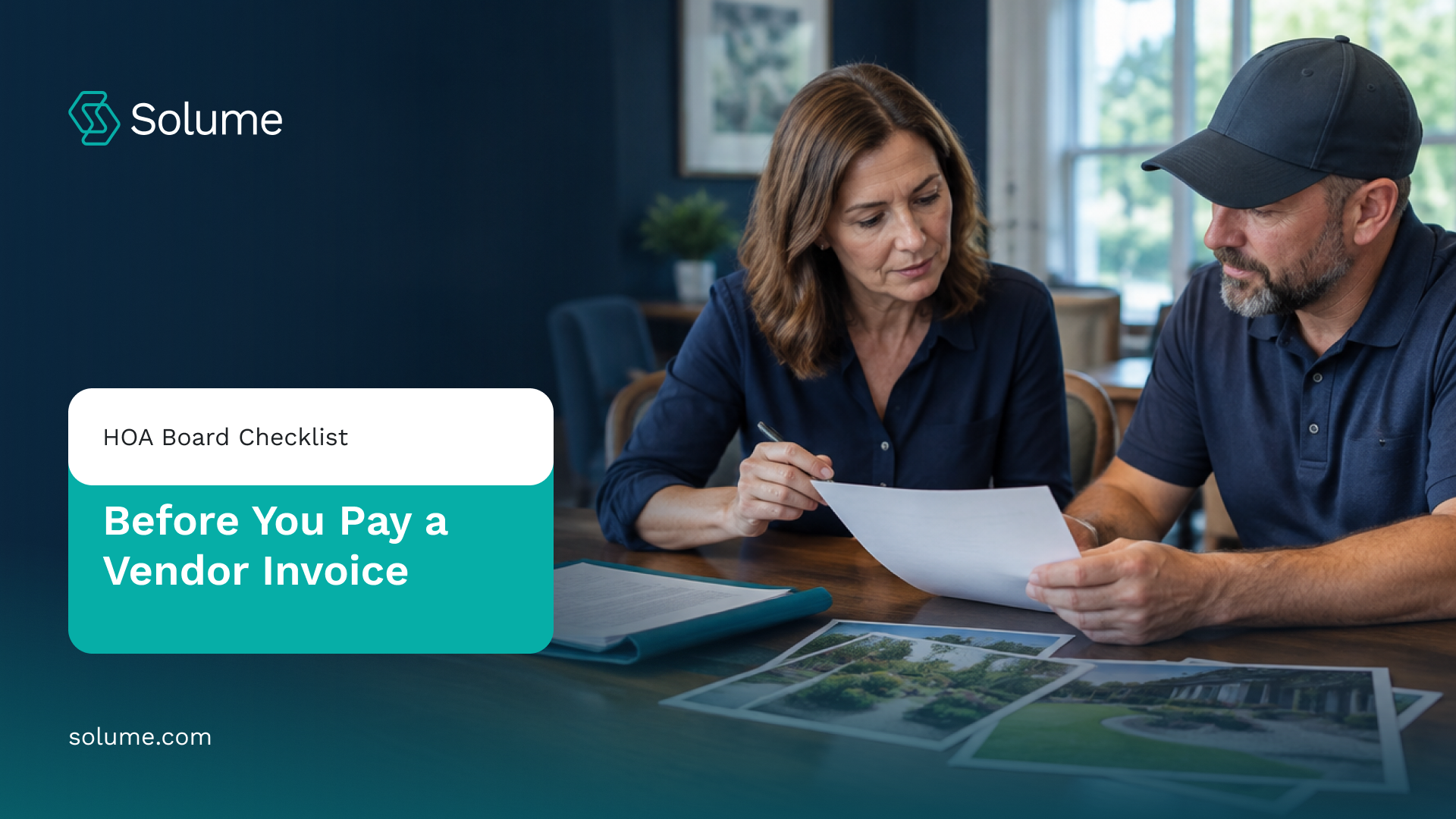 Illustrative scene of an HOA board member reviewing a vendor invoice with a contractor.