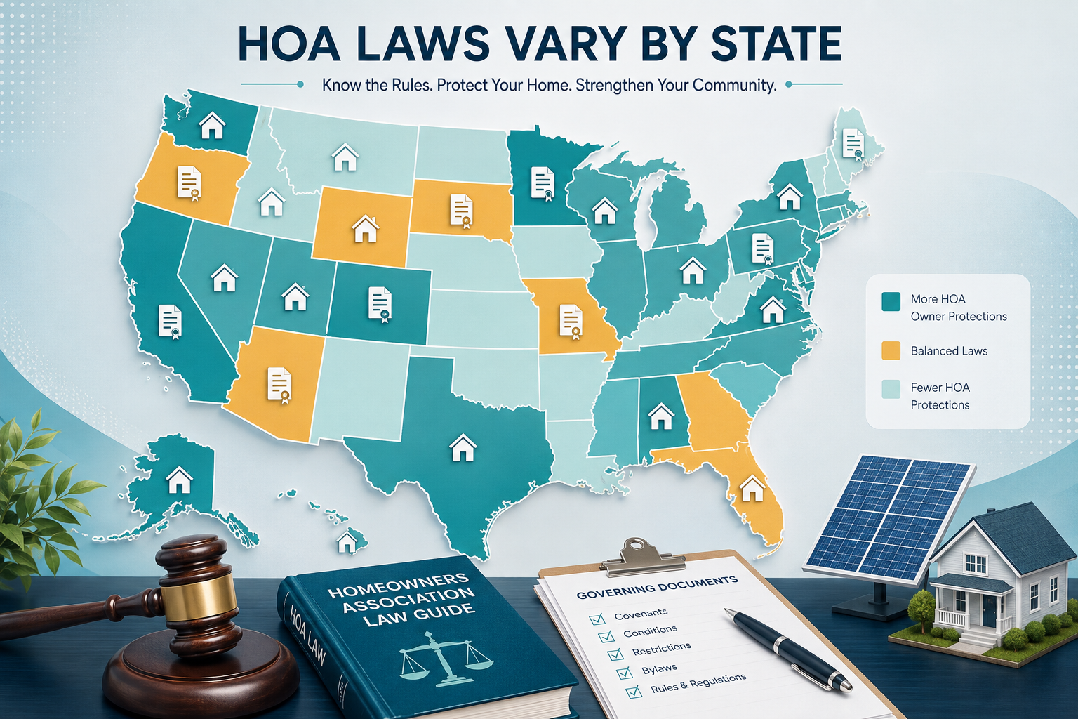 U.S. map showing varying HOA laws by state, with home and legal document icons, a gavel, governing documents, and a solar panel in a teal, mint, and navy editorial design.