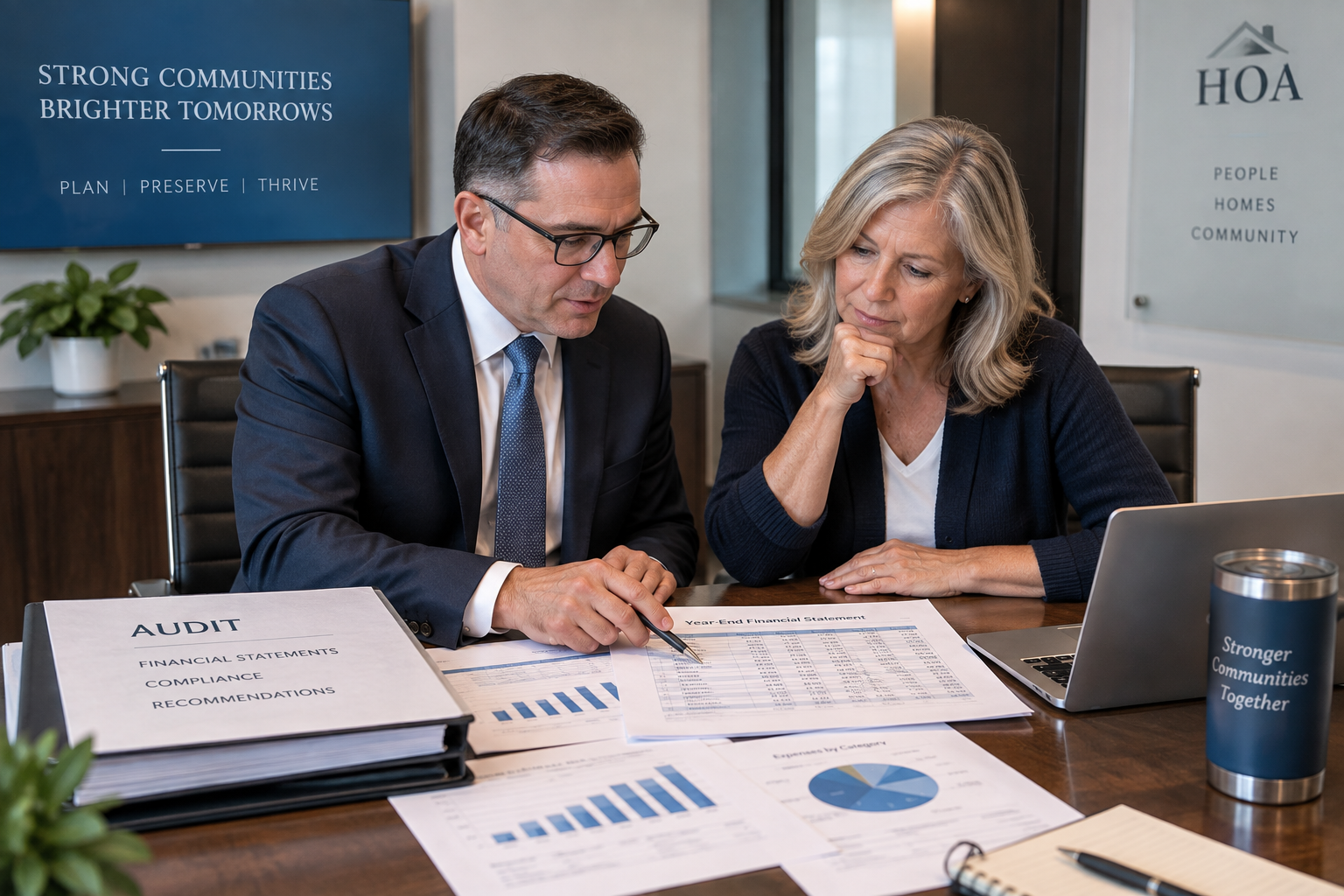 CPA and HOA board member reviewing year-end financial statements together at a conference table with an audit binder and laptop.