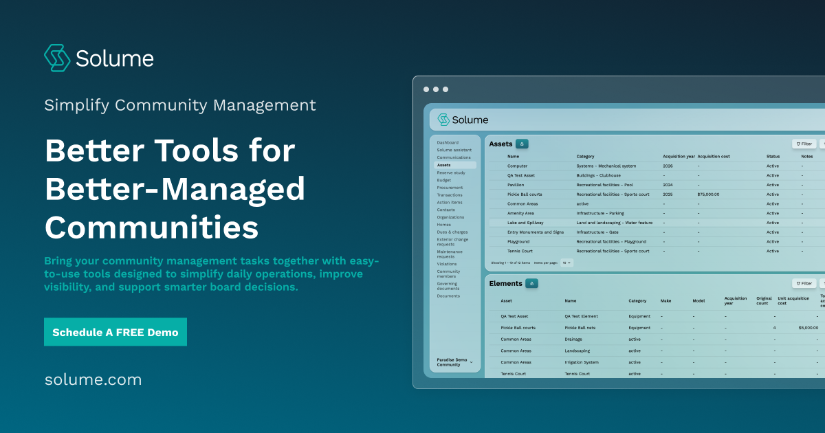 Solume community management platform displaying digital tools designed to help HOA boards organize operations, manage information, and improve community administration.