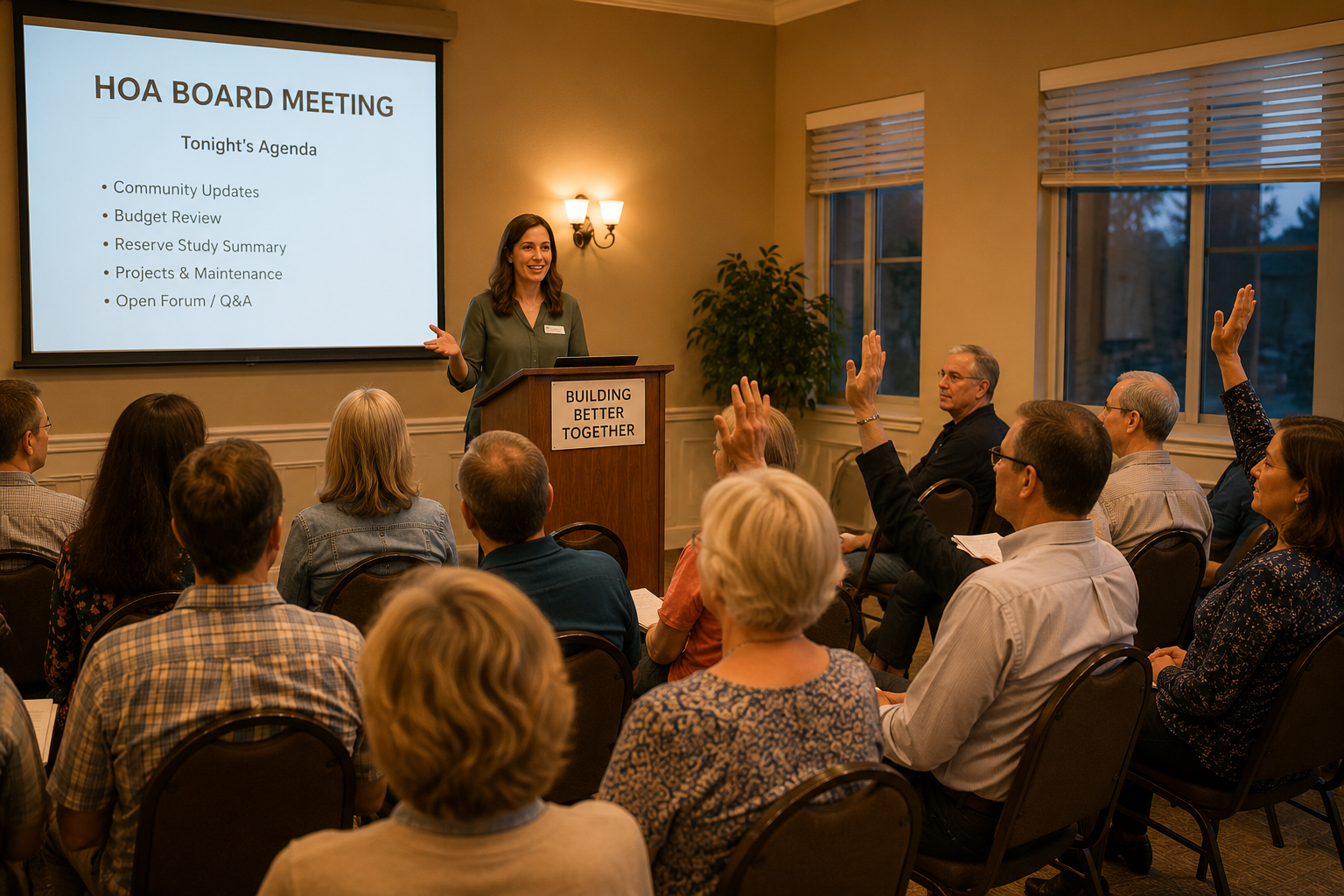 HOA board member speaks at a community meeting while residents listen and raise their hands to ask questions, with a projected meeting agenda displayed behind the podium.