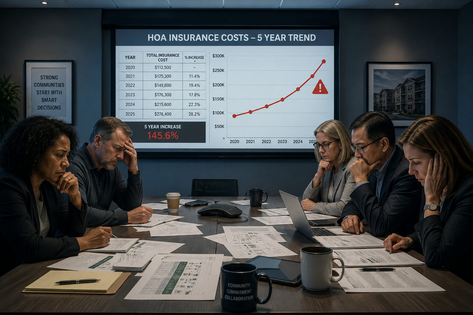 Diverse HOA board members sit around a conference table reviewing paperwork and a budget presentation showing sharply rising insurance costs, with concerned expressions and a red upward-trending chart.