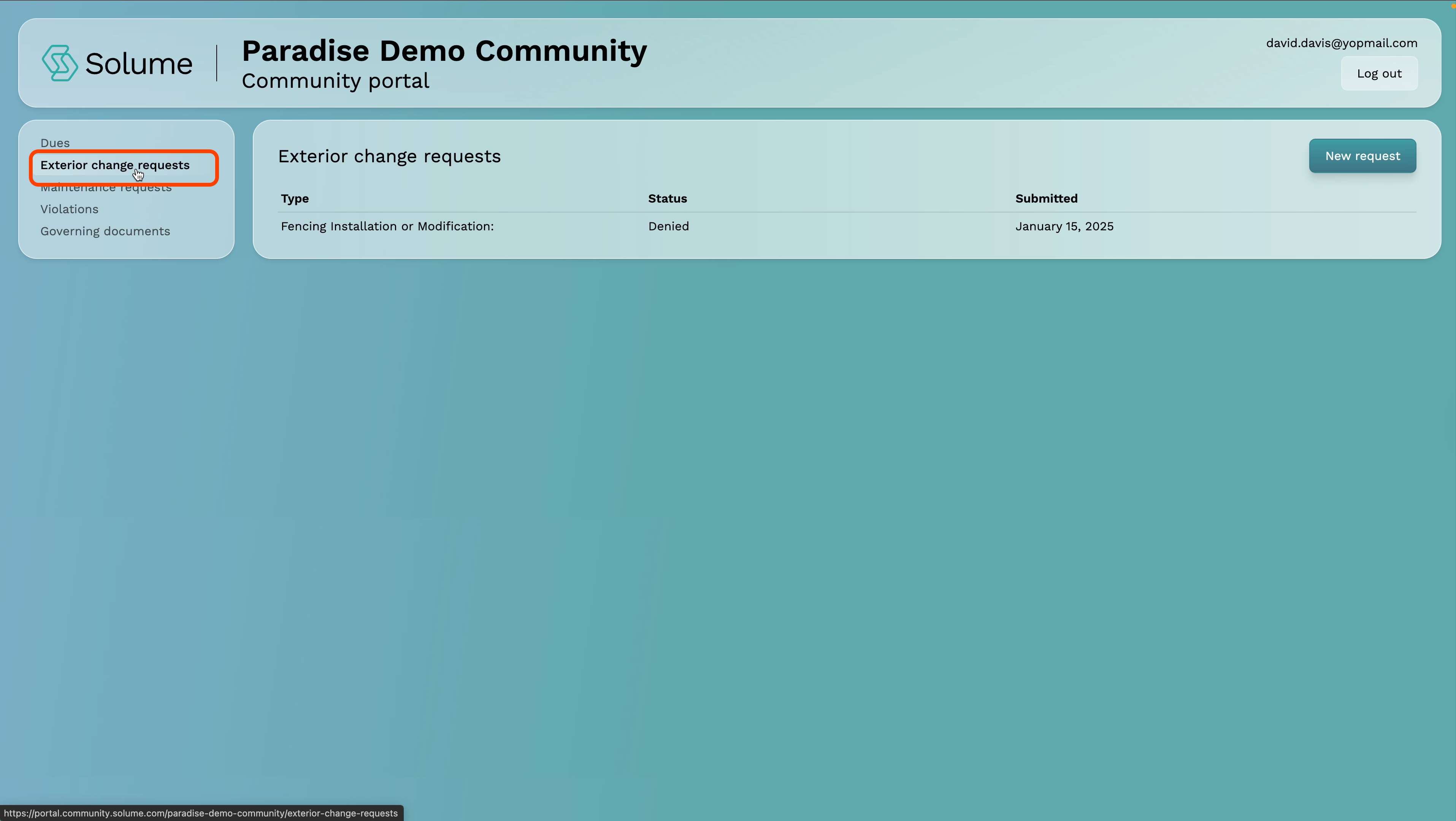 A screenshot highlighting the Exterior Change Request button on the home owner portal of Solume.