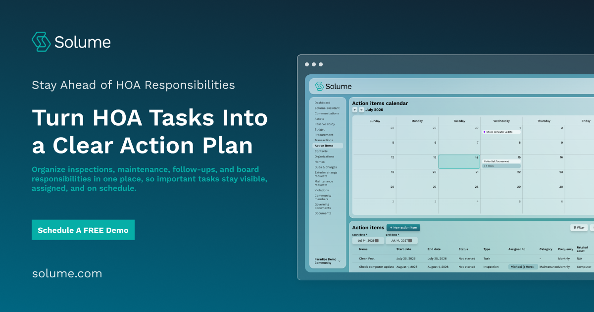 Solume HOA management dashboard showing an action items calendar and task list for scheduling and tracking community maintenance and responsibilities.