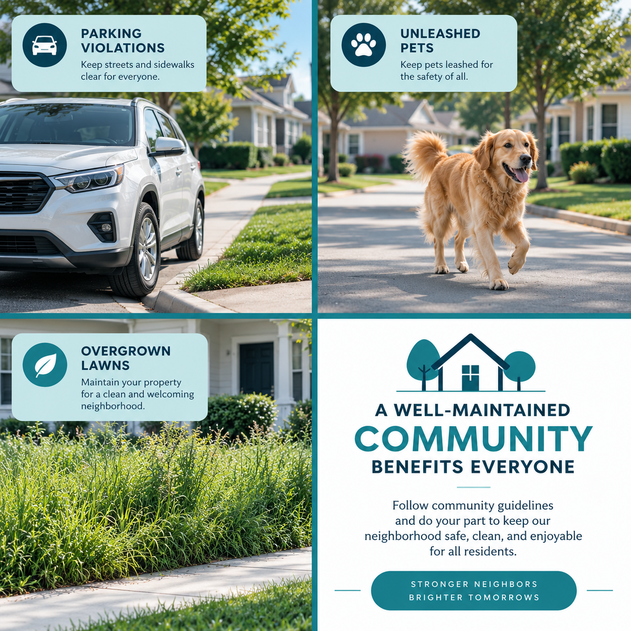Four-panel HOA neighborhood collage showing a curbside parking violation, an unleashed dog, an overgrown lawn, and a message about maintaining a safe, welcoming community in teal, light blue, white, and navy.
