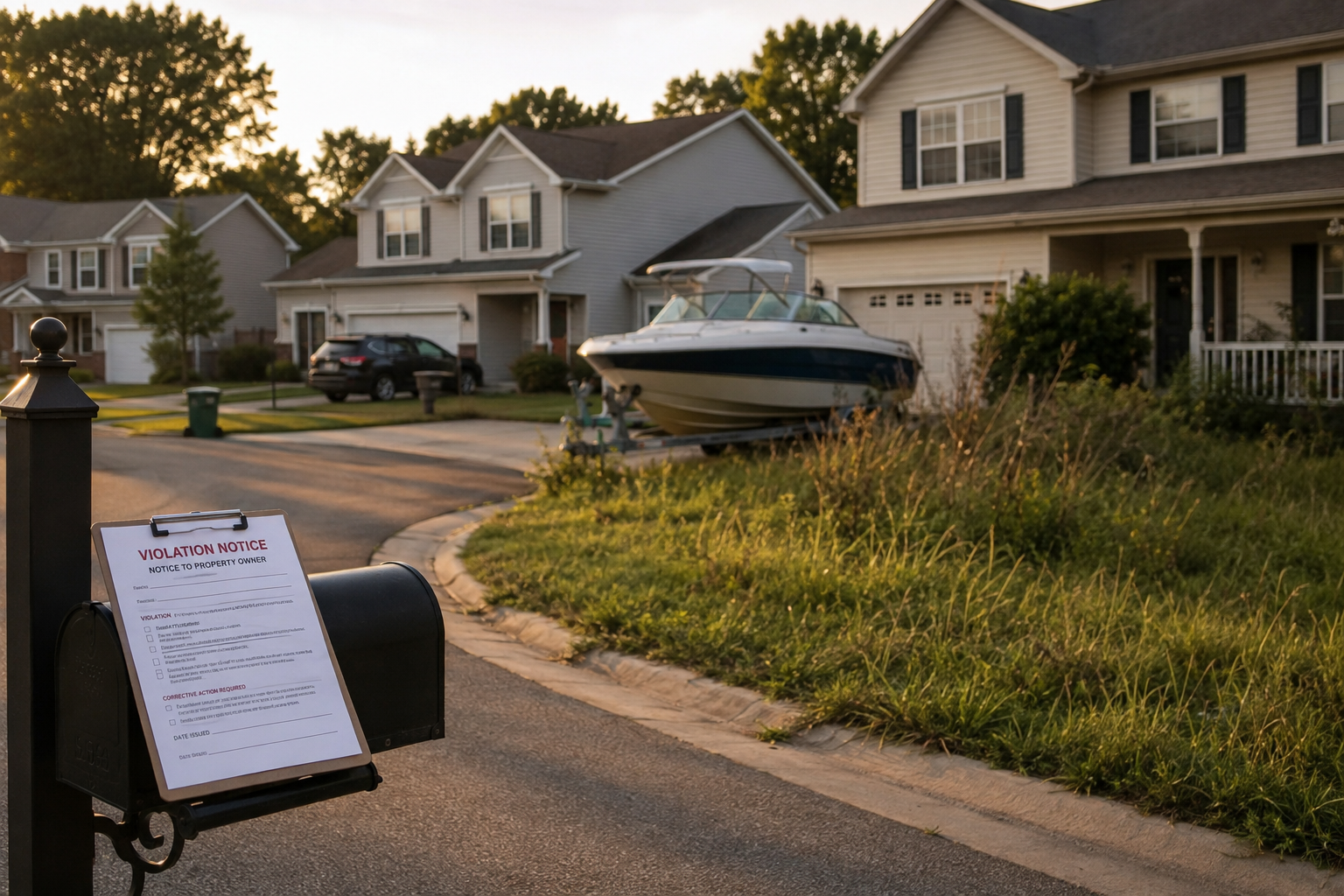 Suburban American cul-de-sac with an overgrown lawn, boat in the driveway, and a violation notice attached to a mailbox.