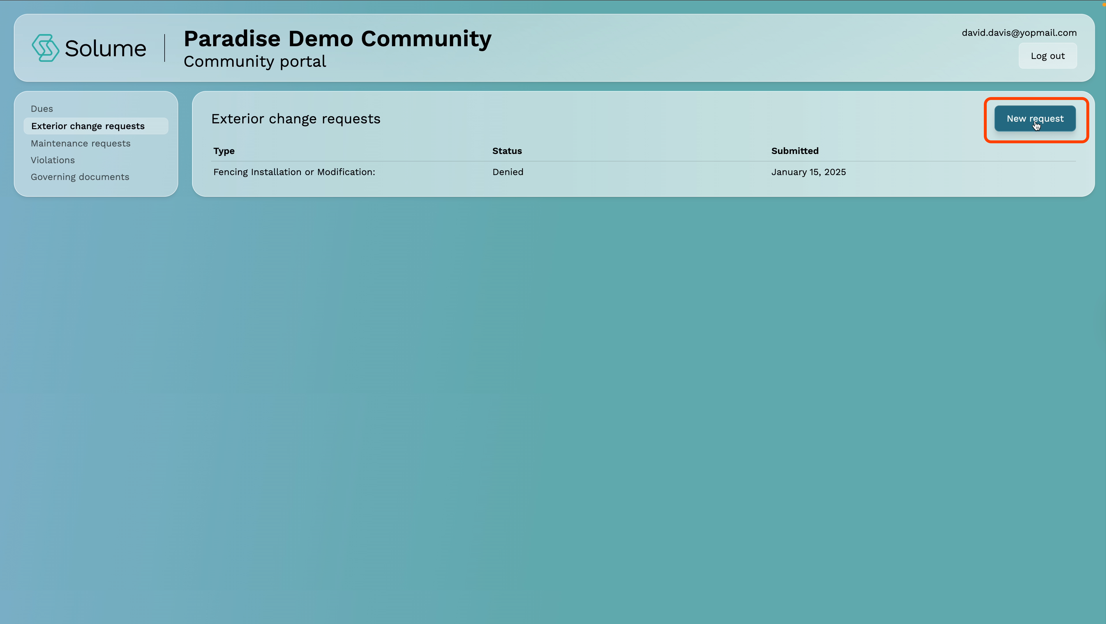 A screenshot highlighting the New Request button on the home owner portal of Solume.
