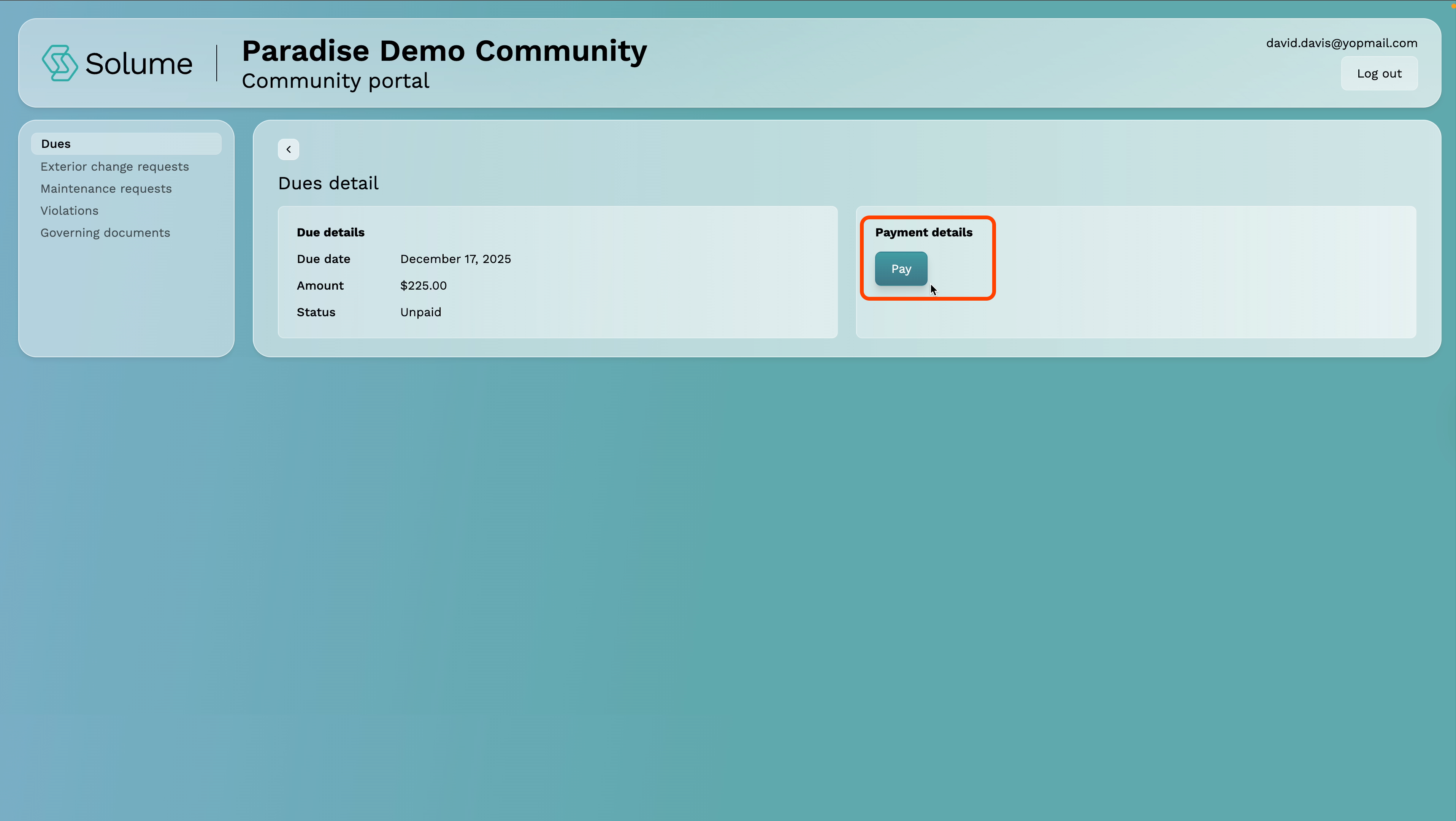 A screenshot of the "pay" button within the owner portal of Solume.