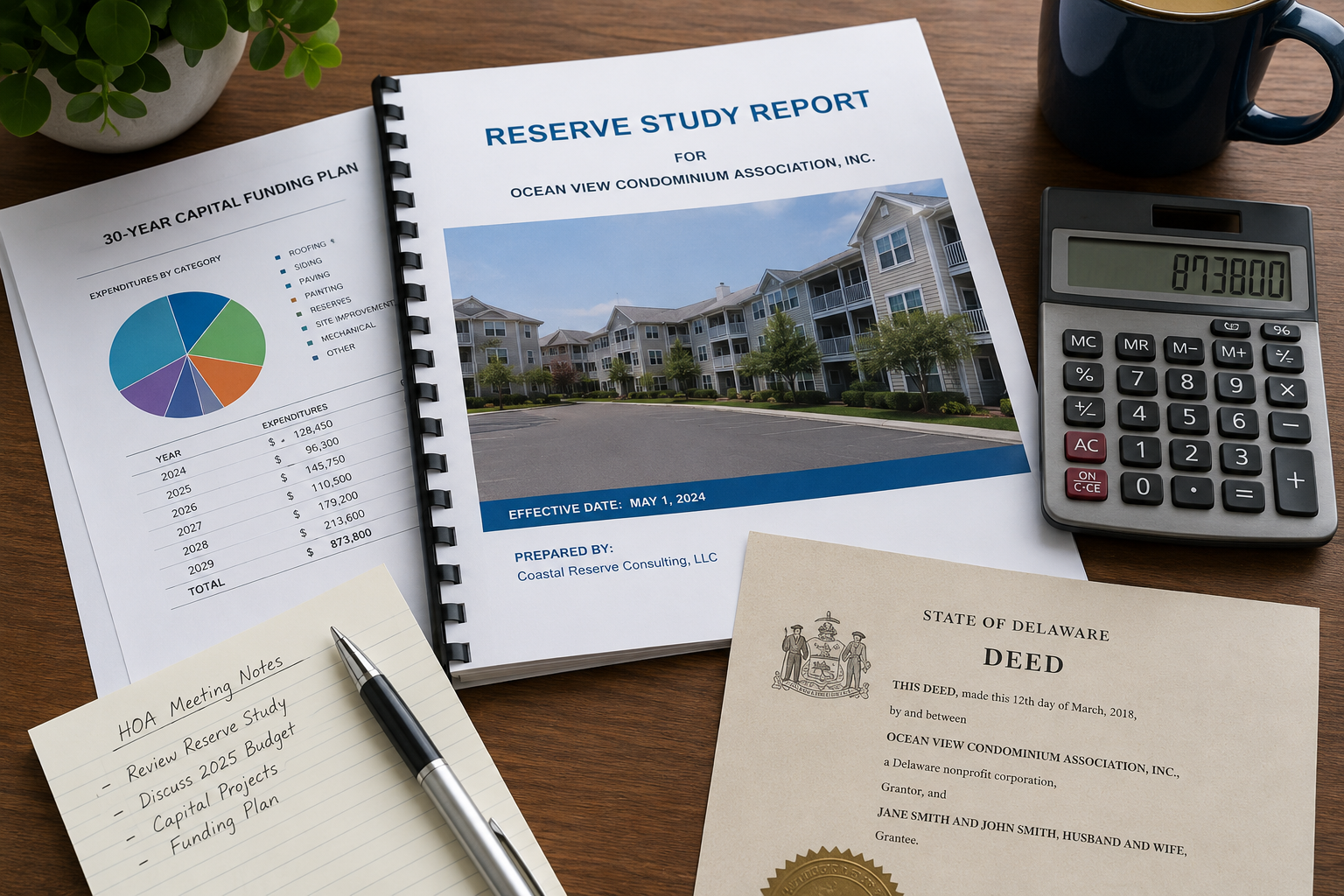 Close-up of HOA financial documents on an office desk, including a reserve study report, funding plan charts, calculator, pen, meeting notes, and a Delaware property deed. The scene is professionally arranged with natural lighting, representing financial planning and reserve fund management for community associations.