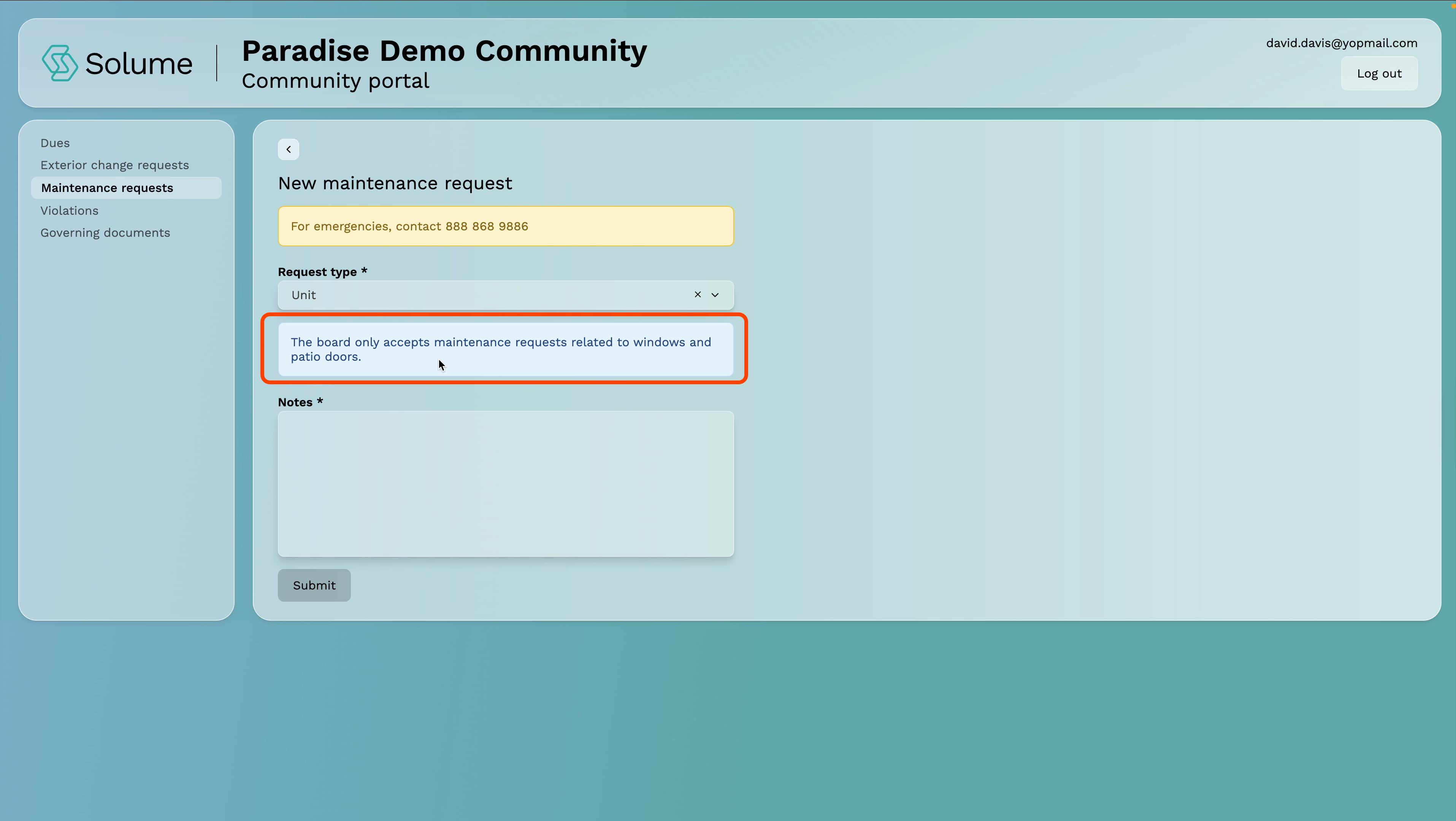 A screenshot with the list of in-unit maintenance options highlighted within Solume's home owner portal. 