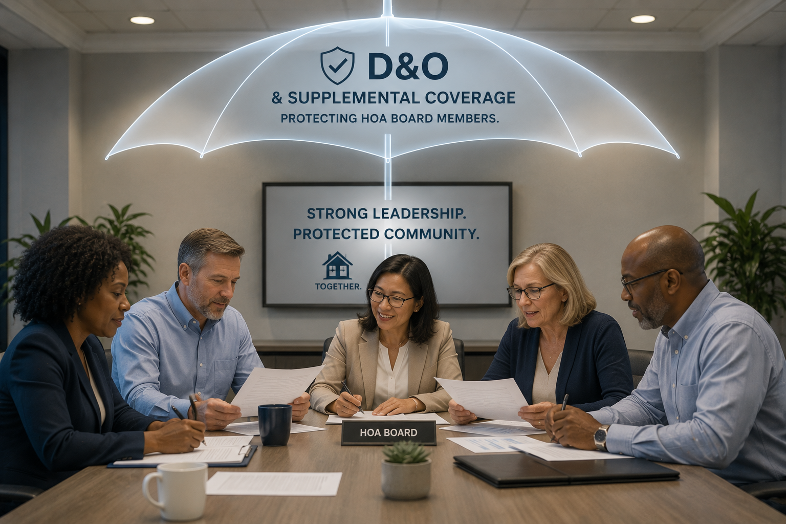 Diverse HOA board members reviewing documents around a conference table beneath a protective umbrella graphic symbolizing D&O and supplemental coverage.