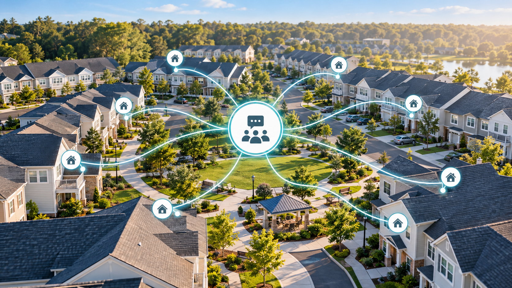 Aerial view of a suburban HOA community with well-maintained townhomes and shared green spaces, connected by glowing digital lines to a central communication hub.