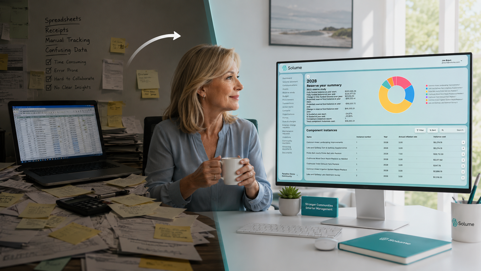 Split-screen illustration showing a cluttered laptop with spreadsheets, receipts, and sticky notes on the left transitioning to a clean Solume HOA dashboard on a modern monitor on the right, with a relaxed volunteer board member between the two environments.