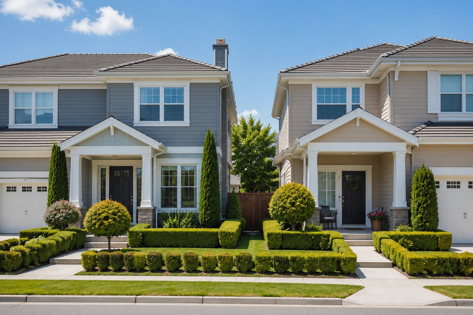 Street-level view of two adjacent suburban homes with matching landscaping, neatly trimmed hedges, fresh exterior paint, manicured lawns, and coordinated architectural styling under bright midday sunlight.