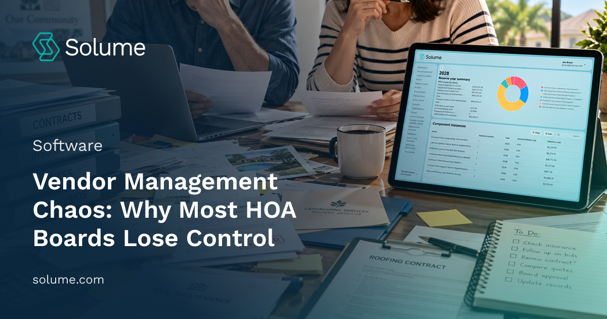 Solume blog featured image showing HOA board members reviewing vendor contracts and paperwork beside a tablet displaying a reserve management dashboard.