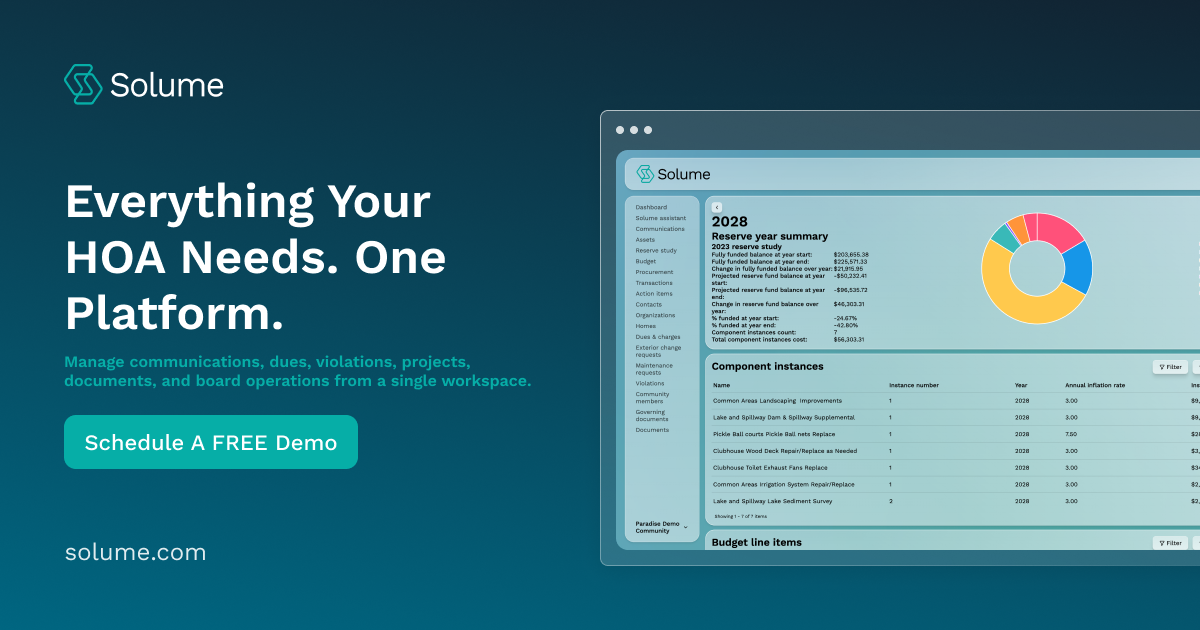 Solume promotional graphic showcasing an all-in-one HOA management platform with a dashboard displaying reserve study data, charts, budget information, and component tracking. The design features the headline "Everything Your HOA Needs. One Platform." alongside a call-to-action button to schedule a demo.