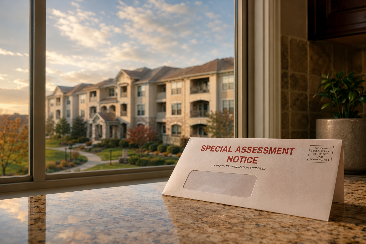 A special assessment notice envelope on a kitchen counter overlooking a suburban condominium community at golden hour.