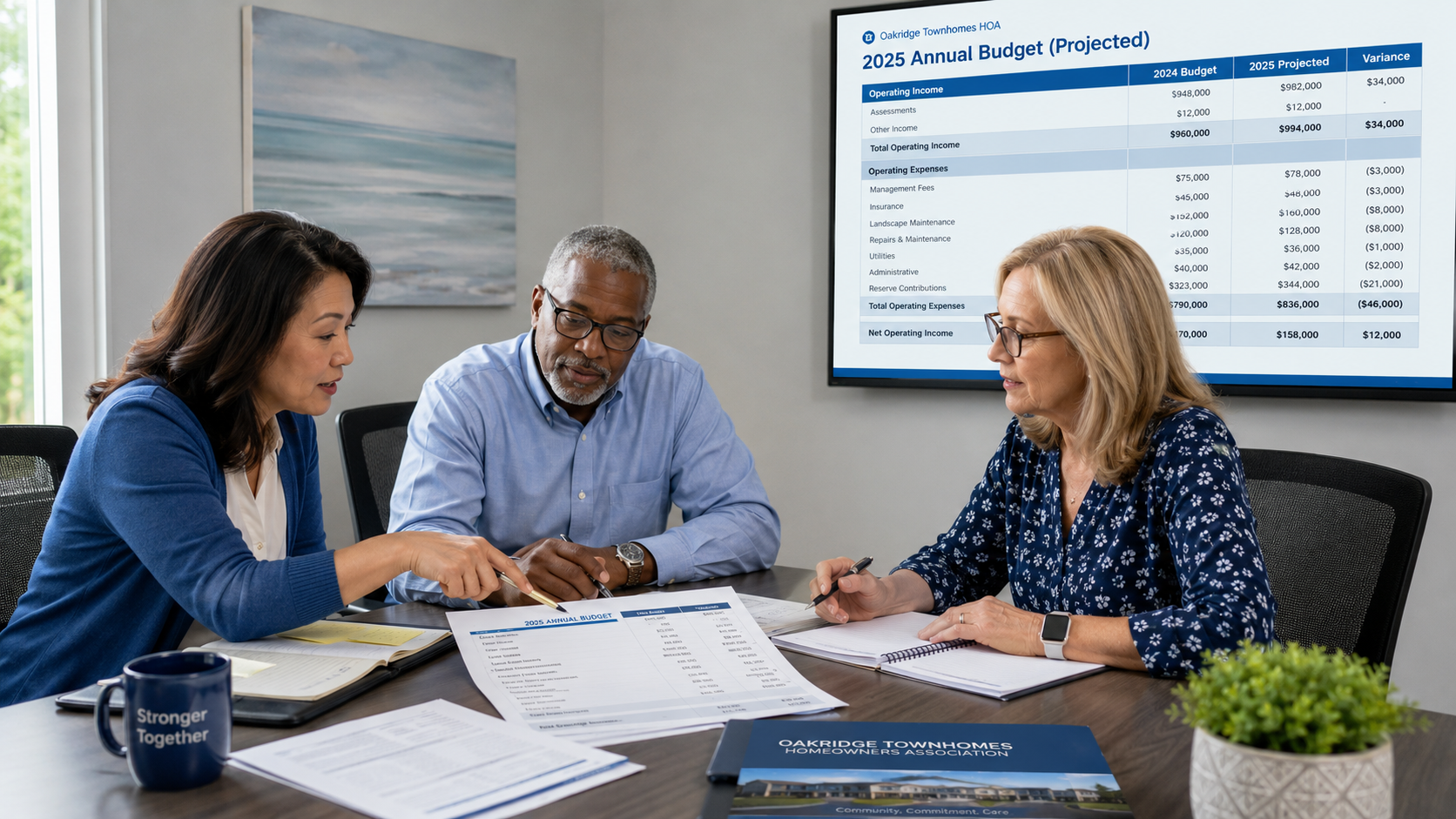 Three diverse HOA board volunteers sit around a conference table reviewing a printed annual budget while discussing projected financial data displayed on a large wall-mounted screen in a bright, modern meeting room.