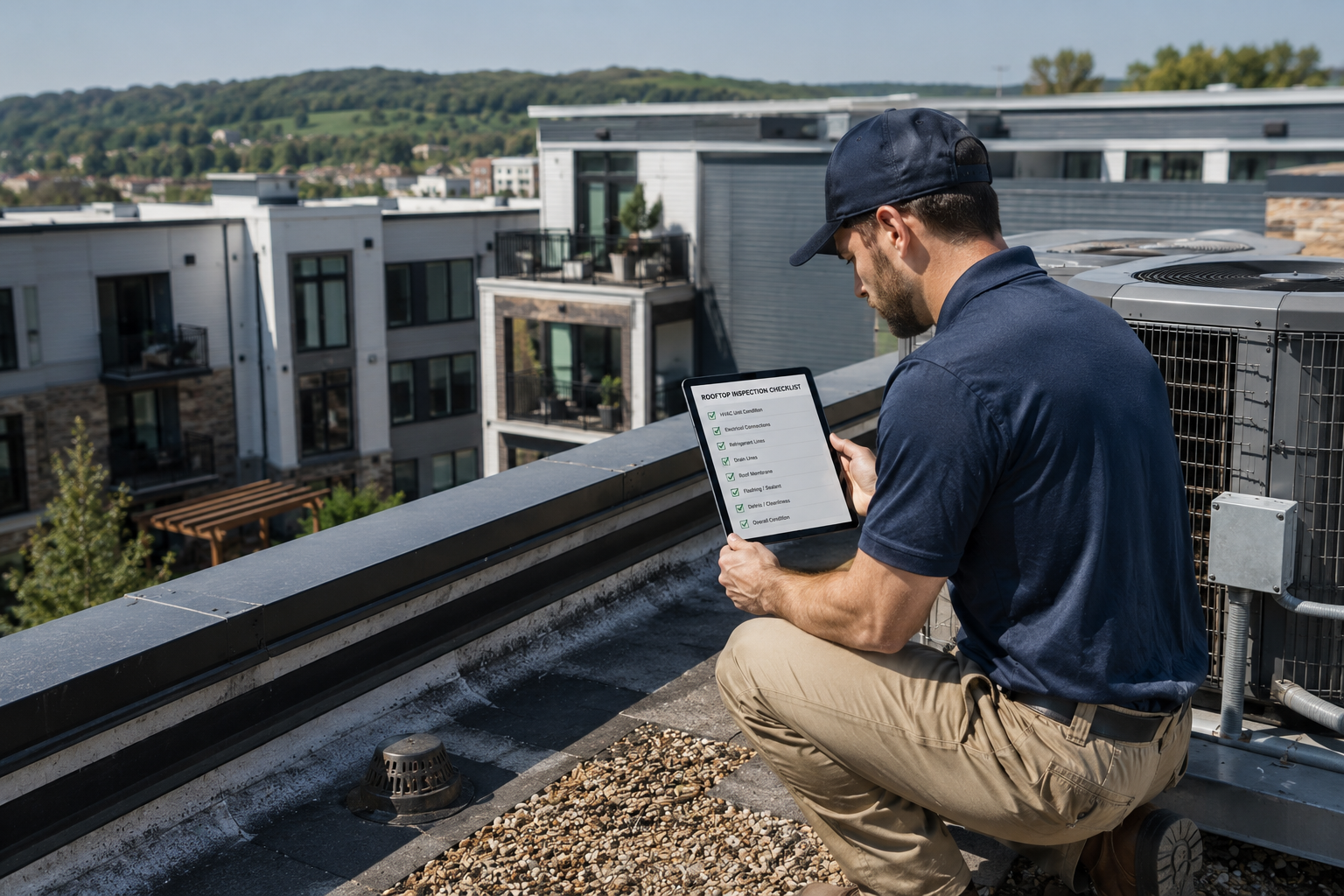 Maintenance technician inspecting rooftop HVAC units and roof flashing with a tablet displaying an inspection checklist on a residential building in clear daylight.