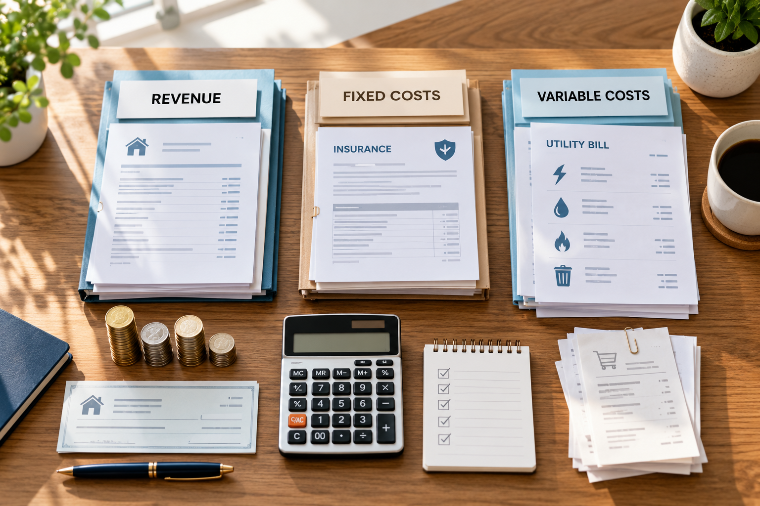 Flat-lay of a wooden desk with organized revenue, fixed costs, and variable costs documents, coins, a calculator, utility bills, and insurance paperwork for financial budgeting.