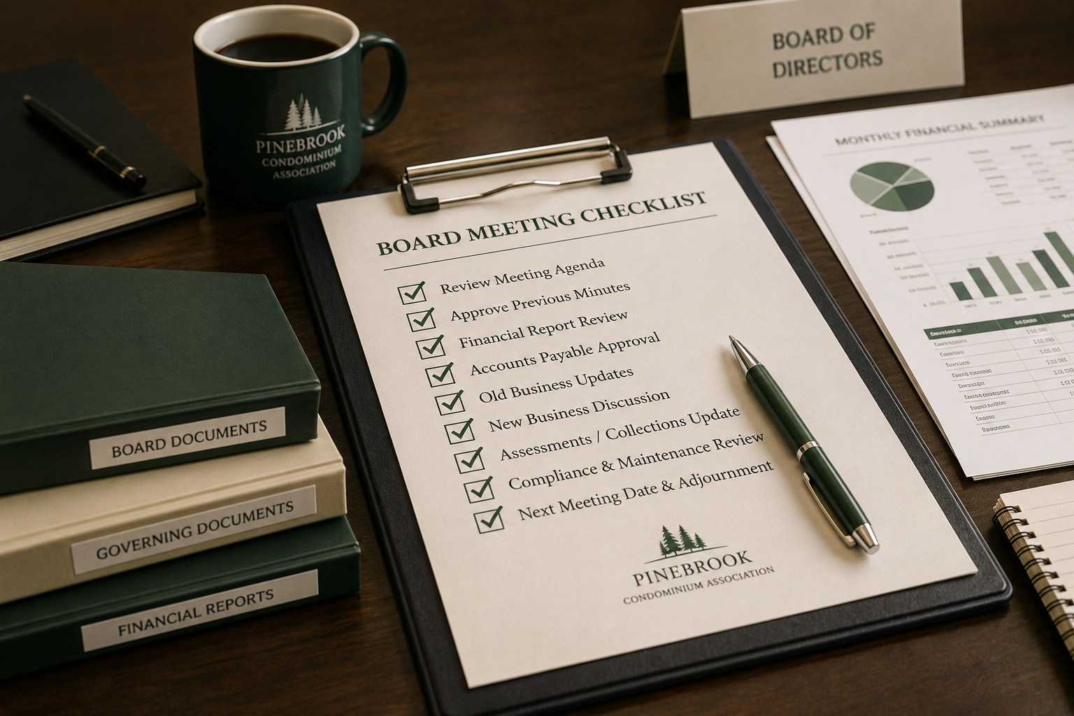 Close-up of a checked board meeting checklist on a clipboard beside financial reports, folders, a pen, and a coffee cup on a dark wood table.