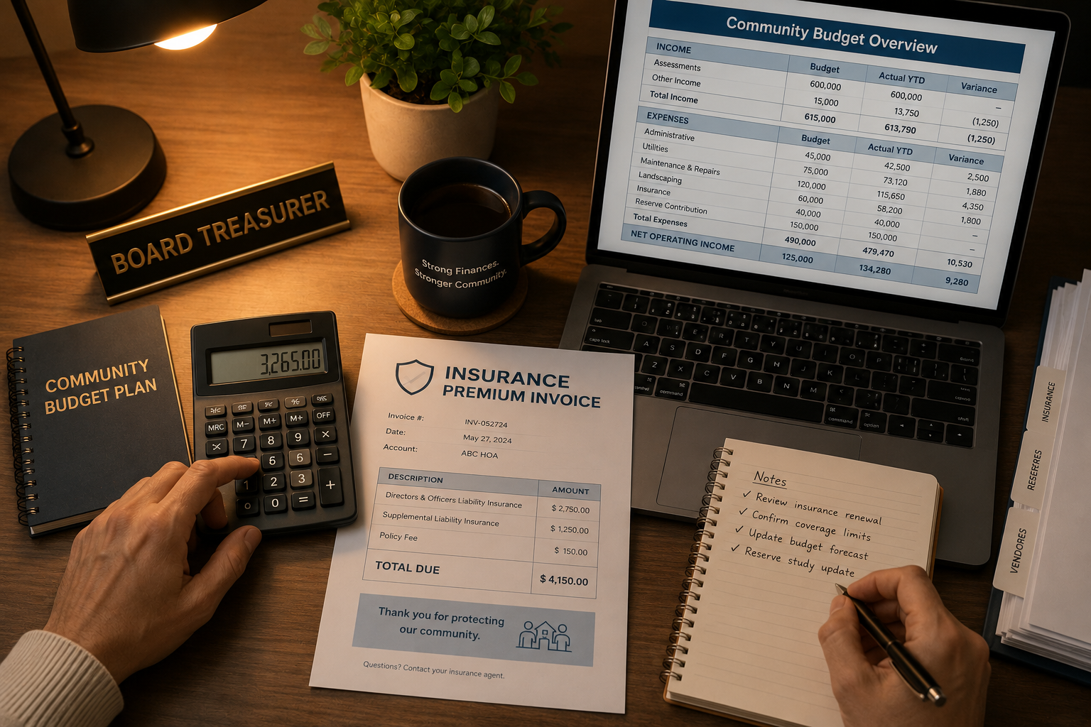 Overhead view of a board treasurer’s desk with an insurance premium invoice, calculator, laptop displaying a community budget spreadsheet, and notes for financial planning.