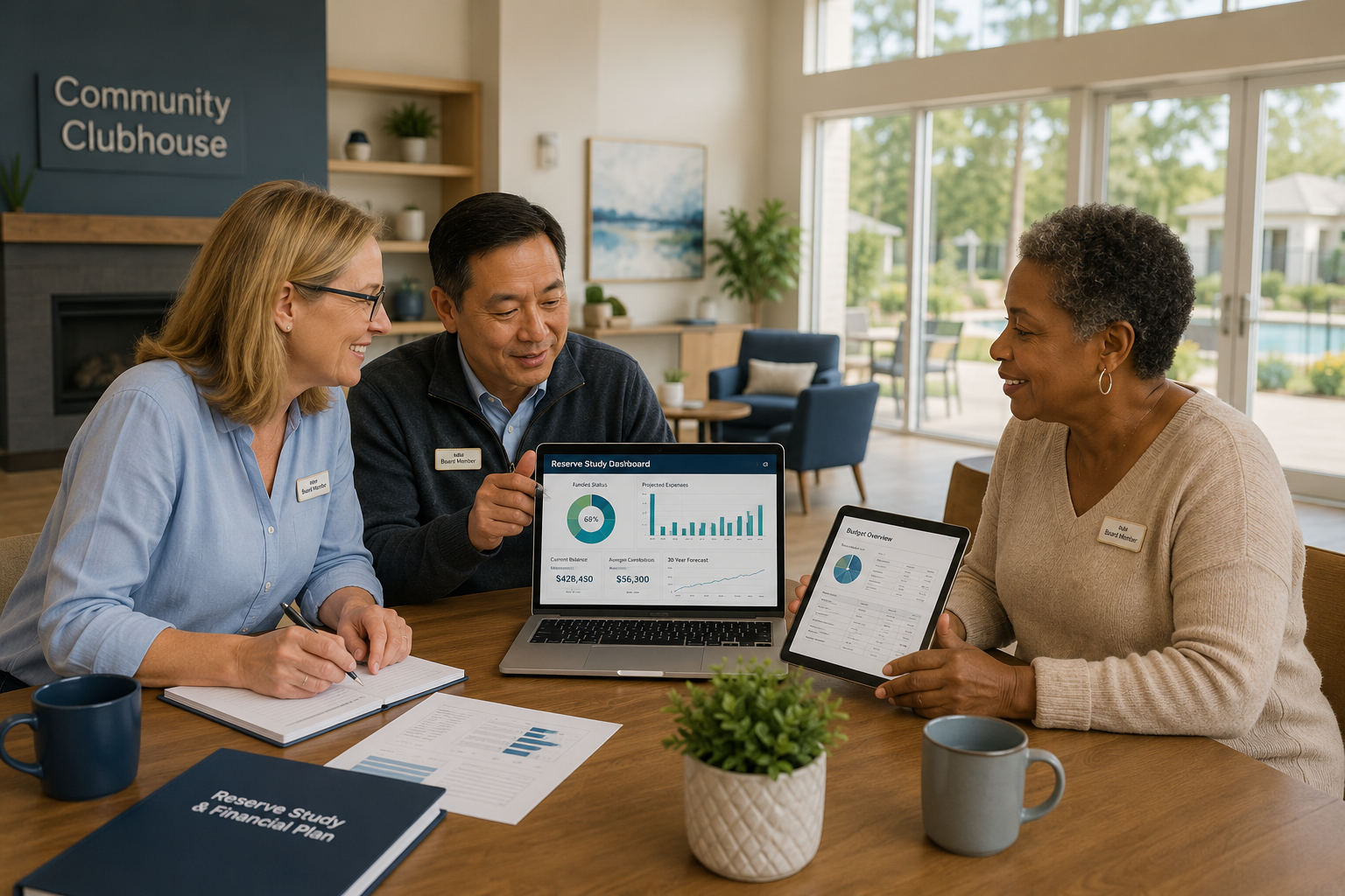 Three diverse volunteer HOA board members sit at a wooden table in a sunlit community clubhouse, reviewing financial dashboards on a laptop and tablet during a reserve planning meeting.