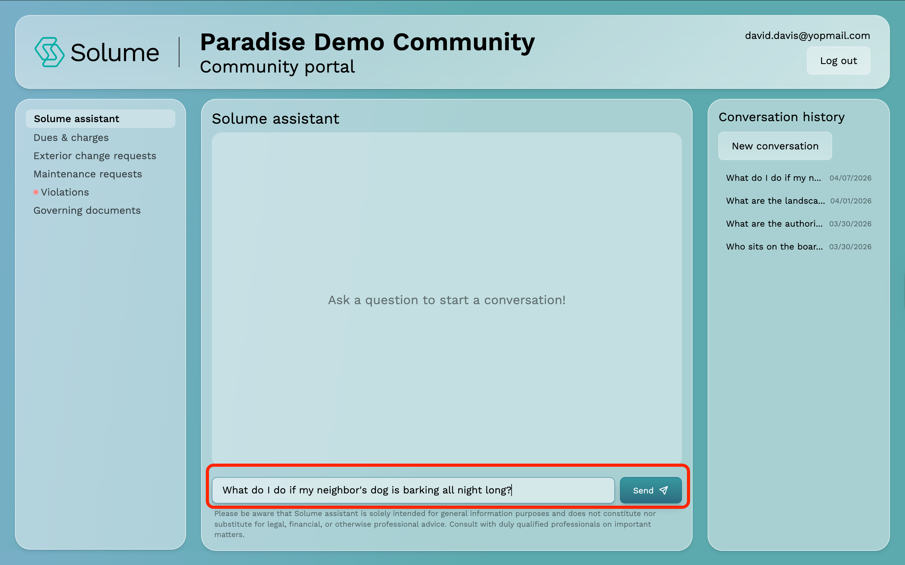 A screenshot indicating where to type your question using Solume Assistant