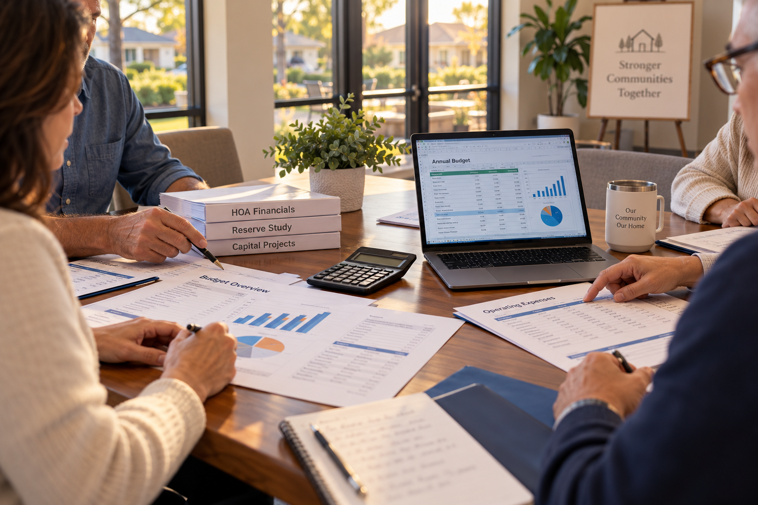 HOA board members reviewing financial statements and a budget spreadsheet at a community clubhouse table with a calculator and laptop.