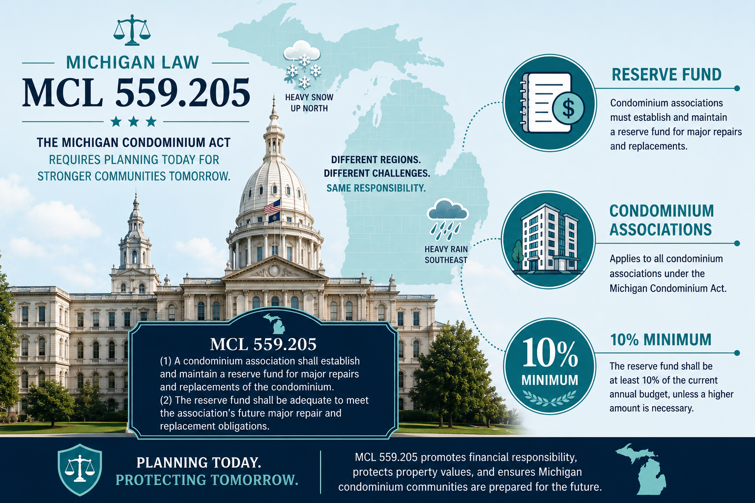 Professional infographic explaining Michigan Condominium Act MCL 559.205 reserve fund requirements. The image features the Michigan State Capitol building in the center, overlaid with a summary of the law. A faded Michigan map in the background includes snow and rain icons representing regional weather considerations. Three connected icons highlight key concepts: a reserve fund ledger, a condominium building, and a 10% minimum reserve fund badge. The design uses teal, navy, and white tones to illustrate legal requirements for condominium associations in Michigan.