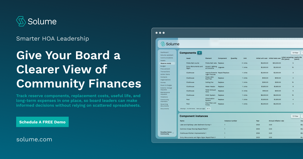 Solume reserve study dashboard showing community assets, reserve components, replacement costs, useful life, and inflation rates.