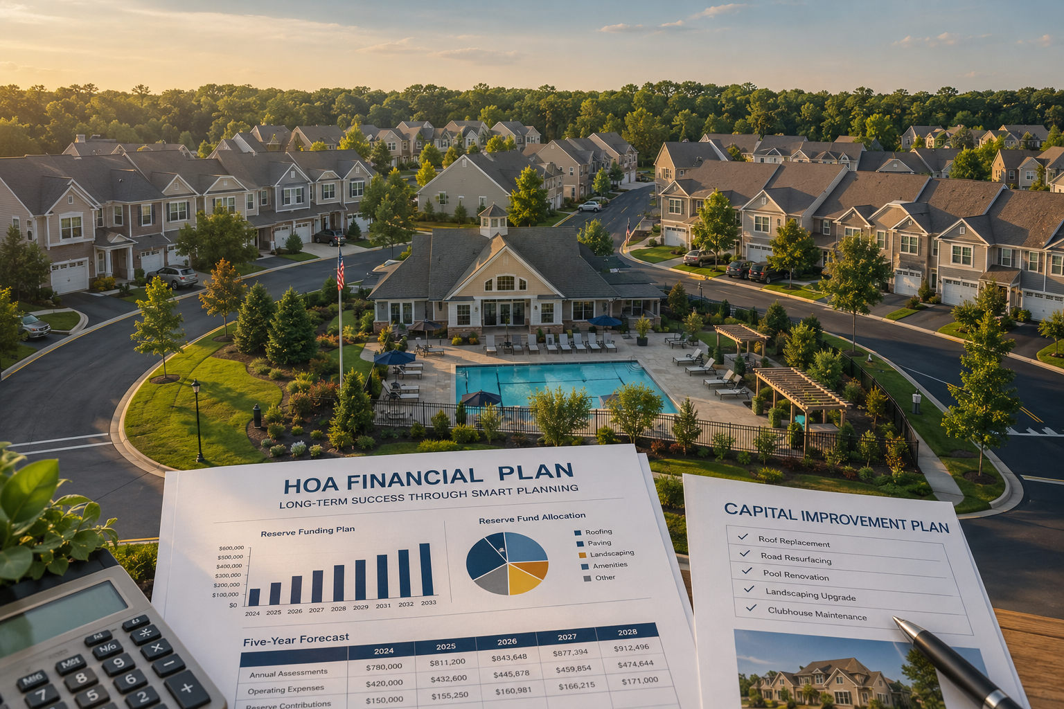 Aerial view of a well-maintained residential community with townhomes, a clubhouse, swimming pool, landscaped green spaces, and financial planning documents in the foreground representing long-term HOA reserve planning.