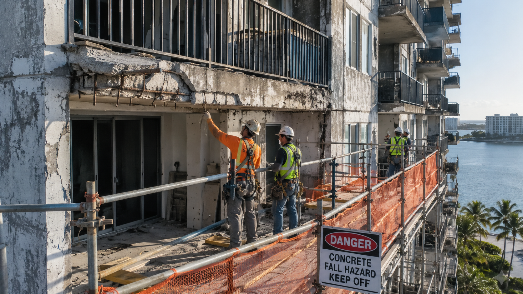 Workers in hard hats inspect damaged concrete balconies on a weathered condominium building surrounded by scaffolding and safety netting.