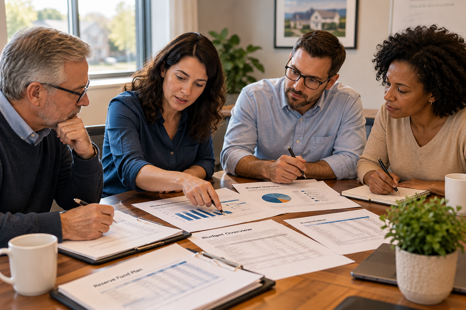 Four diverse HOA board members reviewing financial reports and budget charts together at a conference table, discussing figures and taking notes to support responsible community oversight.