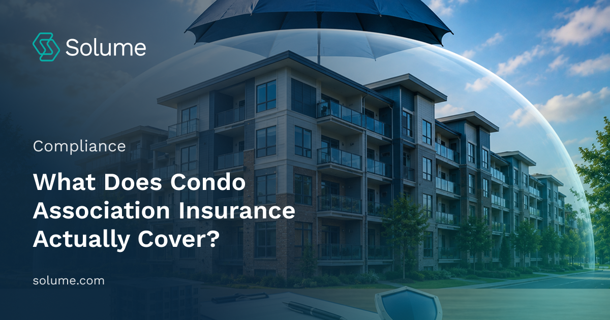 Modern condominium building protected by a large umbrella and transparent dome, with insurance documents and a shield symbol in the foreground.