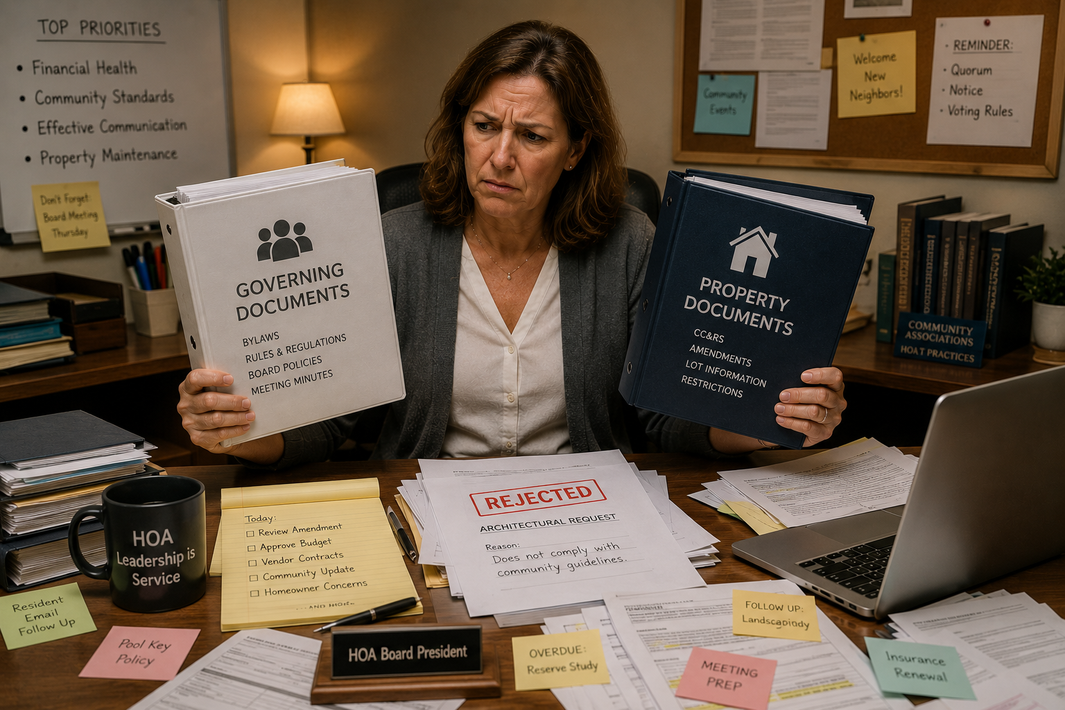 Frustrated HOA board president holding two labeled binders while reviewing paperwork, sticky notes, and a rejected notice at a cluttered office desk.