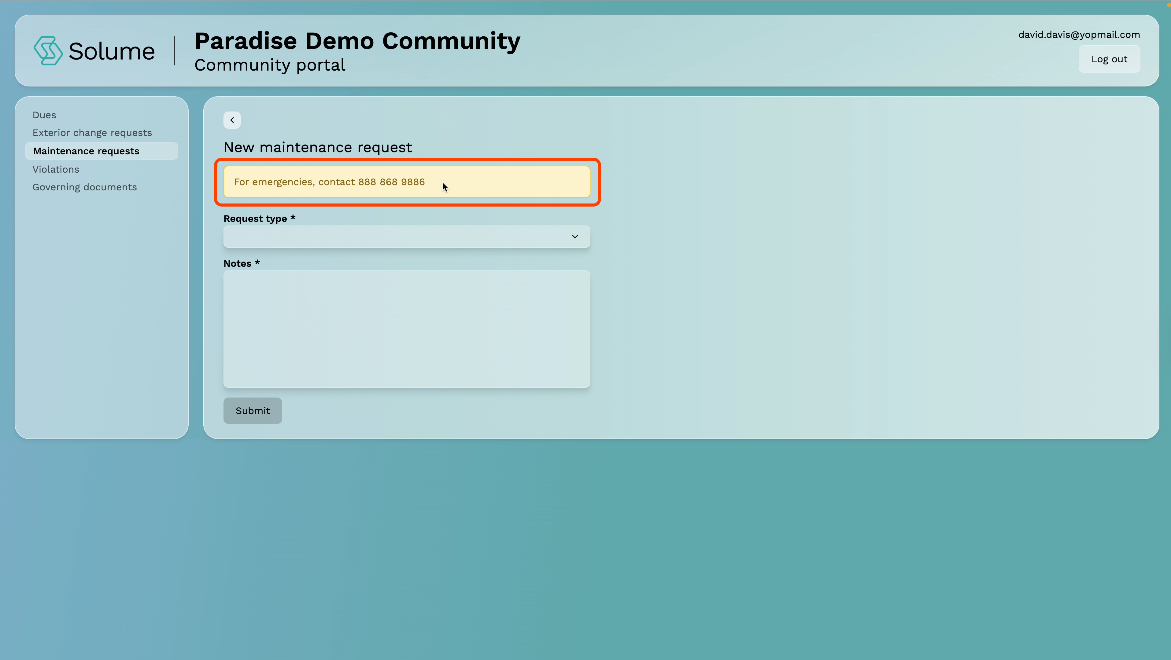 A screenshot with the "in case of emergency" phone number highlighted with Solume's home owner portal. 
