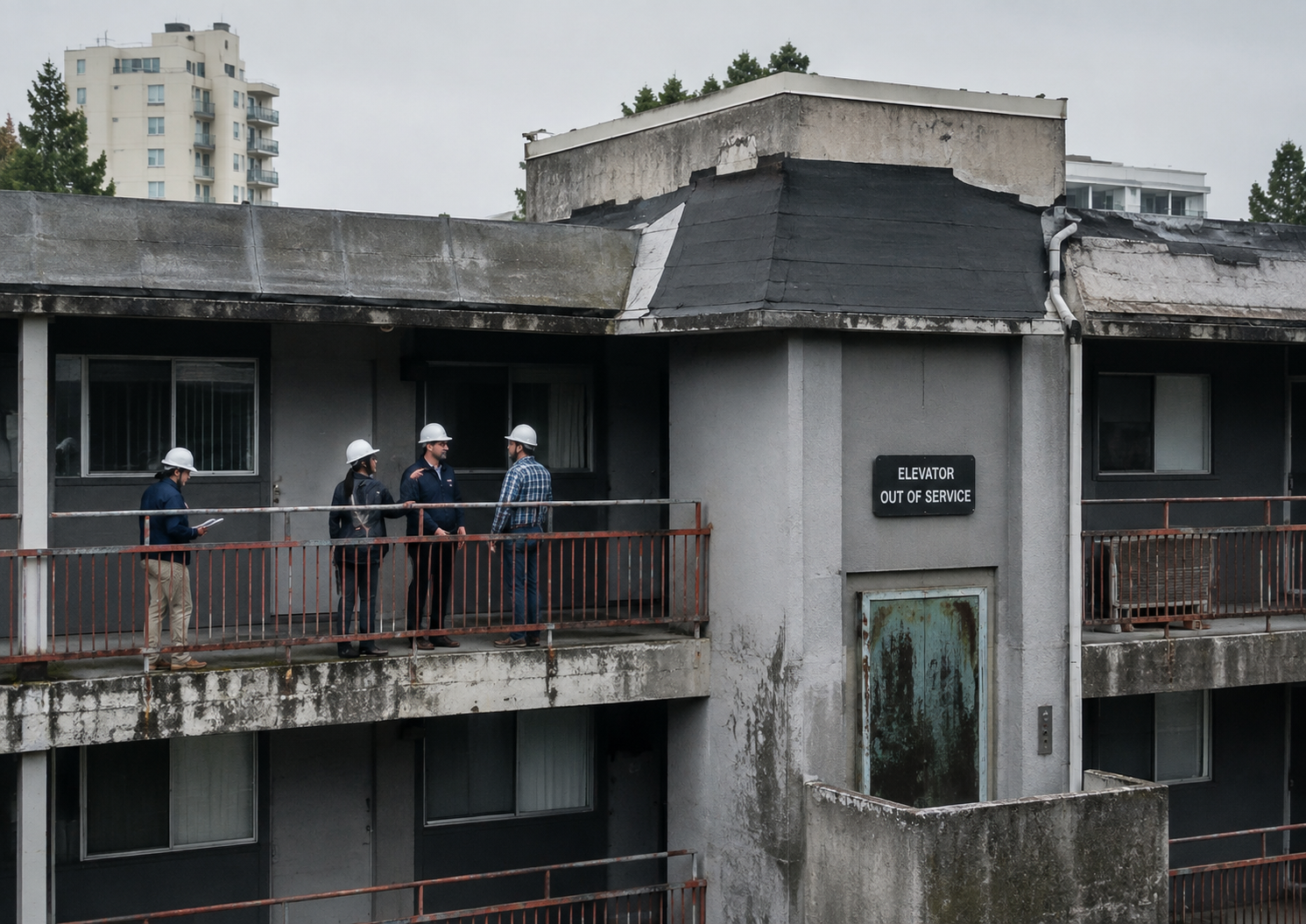 Aging condominium building with rusted railings, a patched roof, an out-of-service elevator, and inspectors assessing the property.