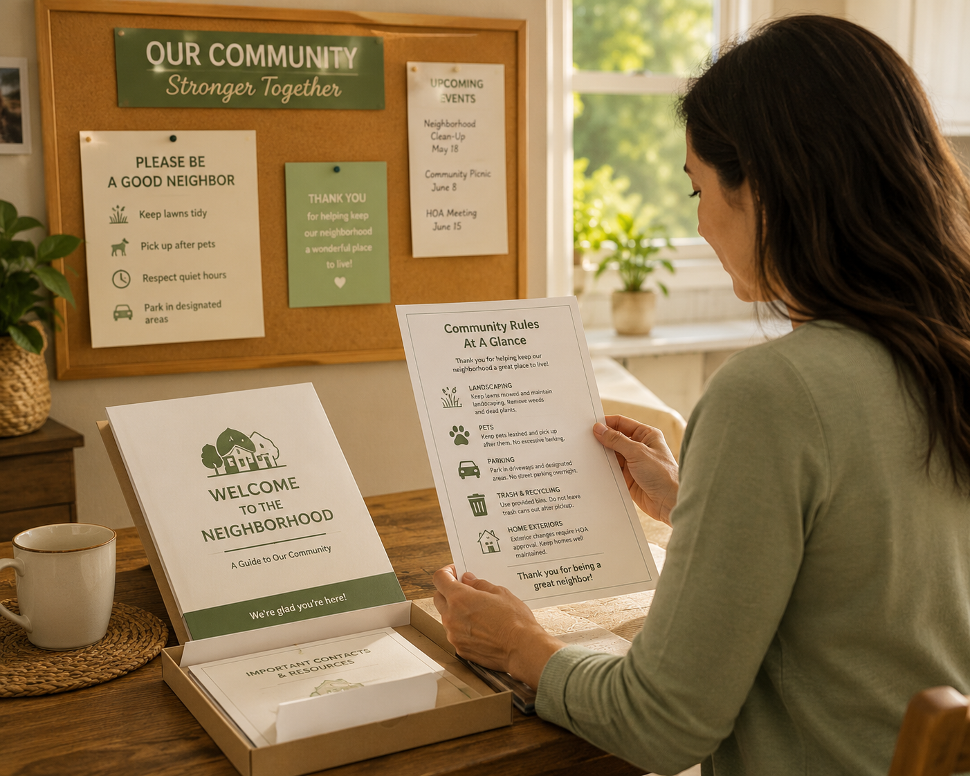 Homeowner reading a community rules summary beside an HOA welcome packet and bulletin board in a sunlit kitchen.