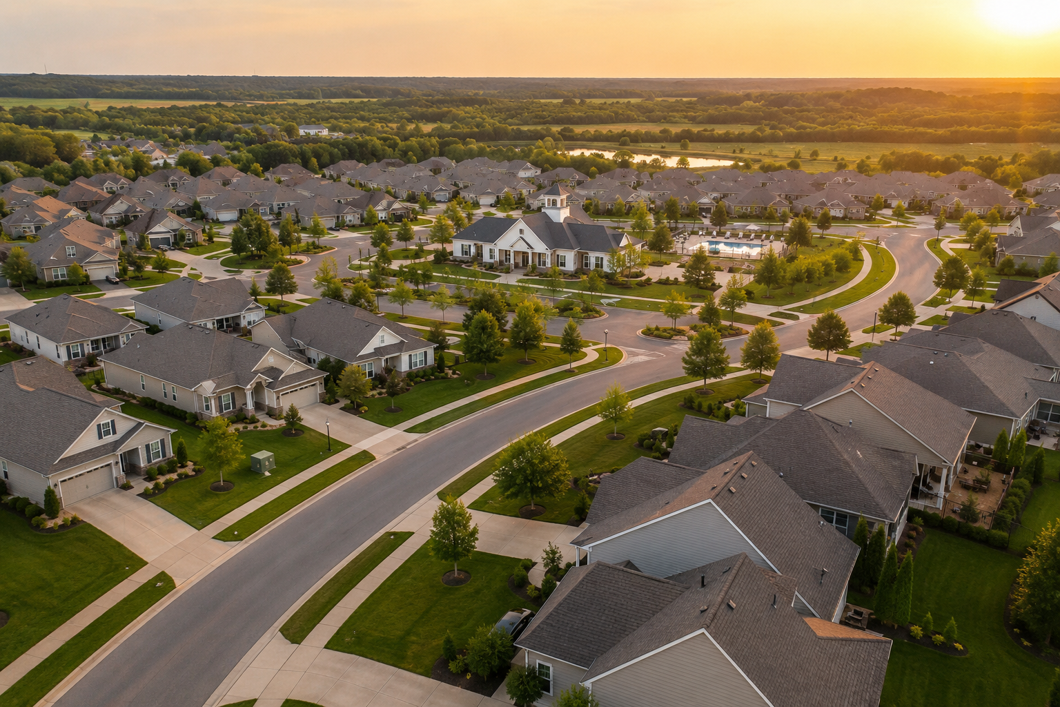 Aerial view of a well-maintained suburban planned community with uniform homes, tree-lined streets, manicured lawns, and a central clubhouse bathed in warm golden-hour sunlight.