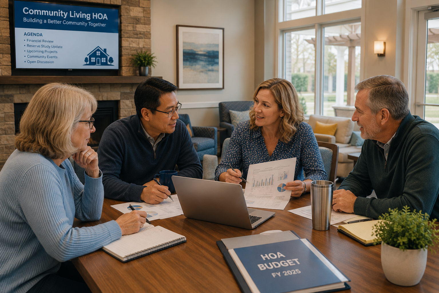 Volunteer HOA board members reviewing financial documents and a laptop together around a table in a warmly lit community clubhouse meeting room.