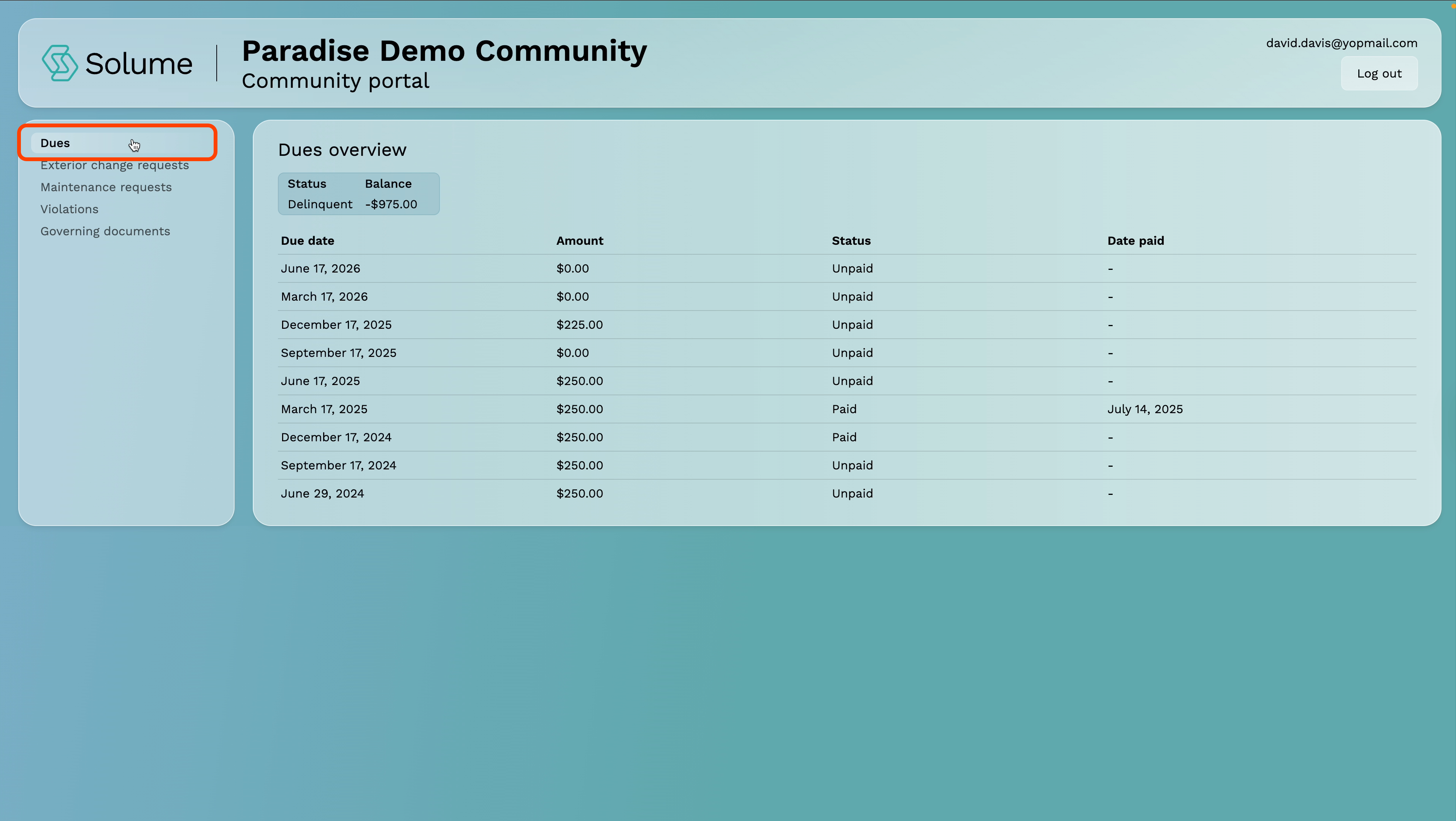 A screenshot of the owner portal for Solume.