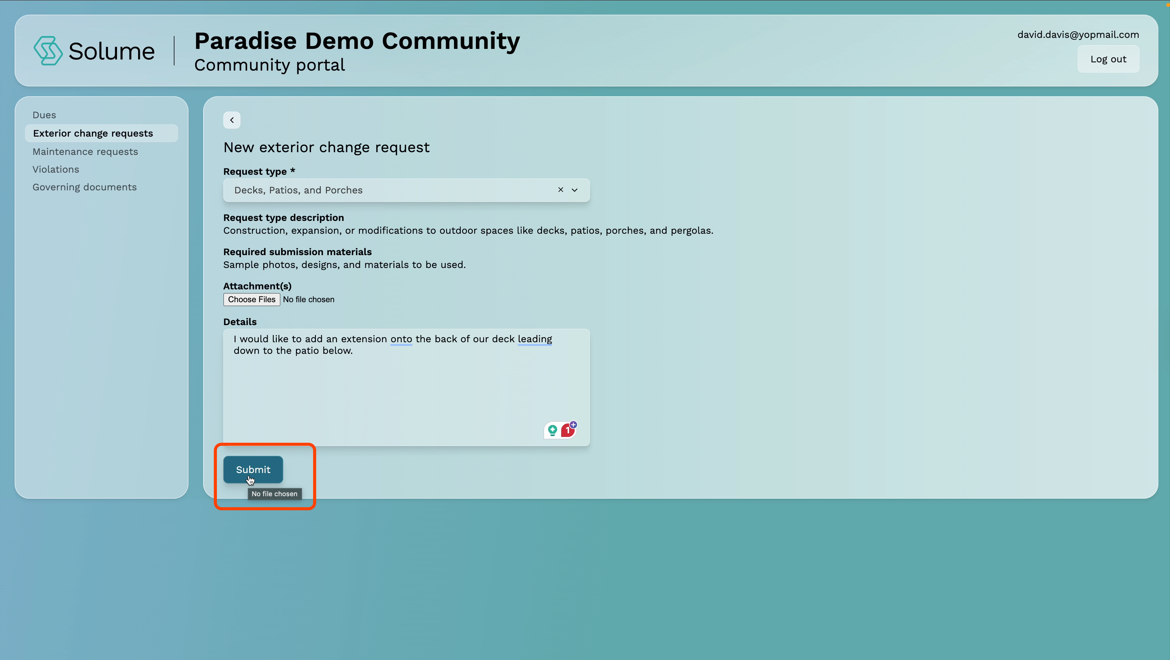 A screenshot highlighting the Submit Exterior Change Request button on the home owner portal of Solume.