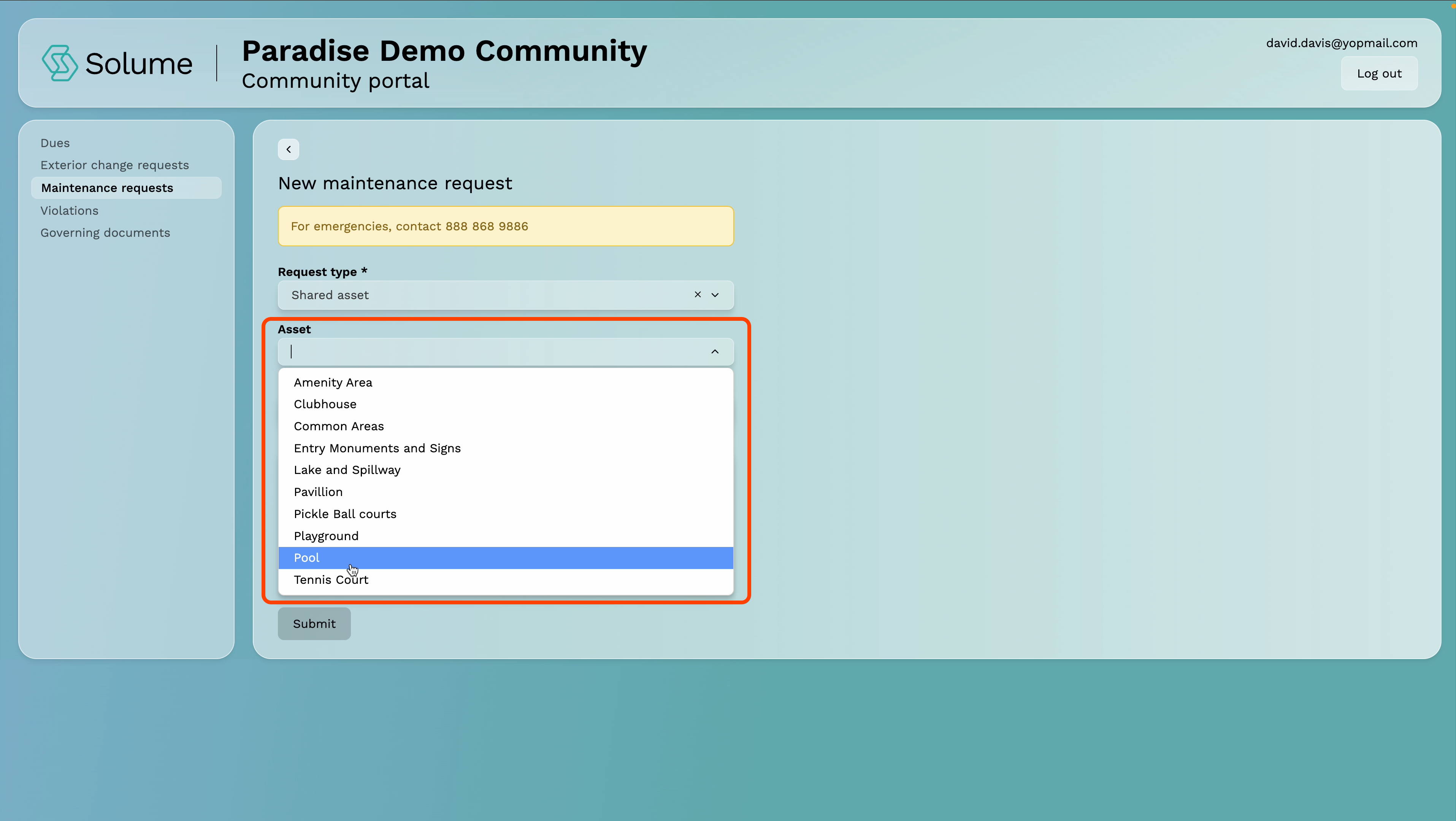 A screenshot with the drop down options highlighted within Solume's home owner portal. 