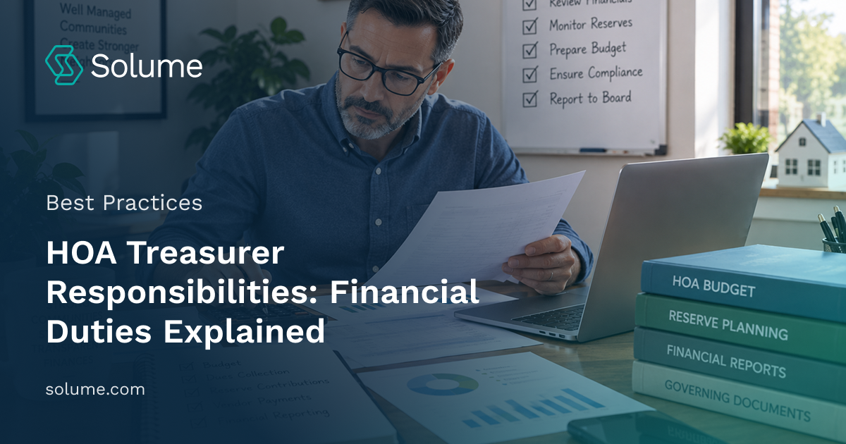 HOA treasurer reviewing community financial reports, budget documents, reserve contributions, and expenses at a desk with a laptop and calculator.